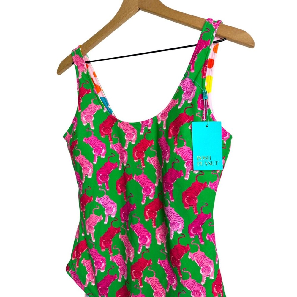 Posh Peanut One Piece Reversible Swimsuit Green Pink Tiger Abstract NWT Scoop - Picture 3 of 11